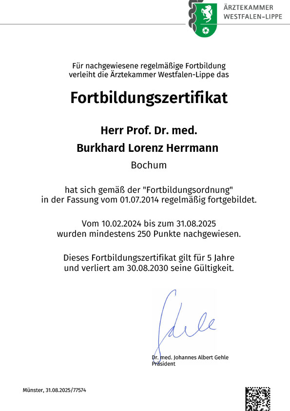 Fortbildungszertifikat von Prof. Dr. med. Burkhard Lorenz Herrmann der Ärztekammer Westfalen-Lippe