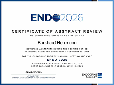 Zertifikat der Endocrine Society für die Prüfung von Abstracts von Burkhard Herrmann auf der ENDO 2026